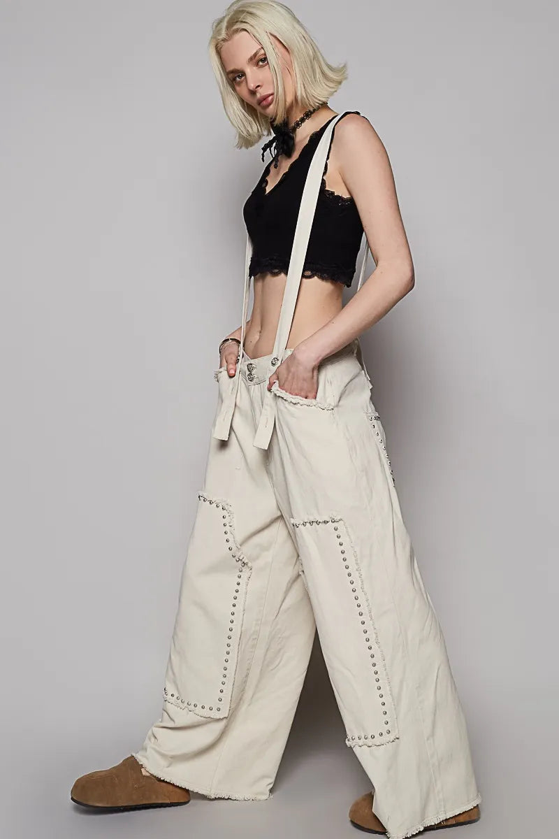POL Raw Hem Studded Knee Patches Cargo Overalls OutfitFlow