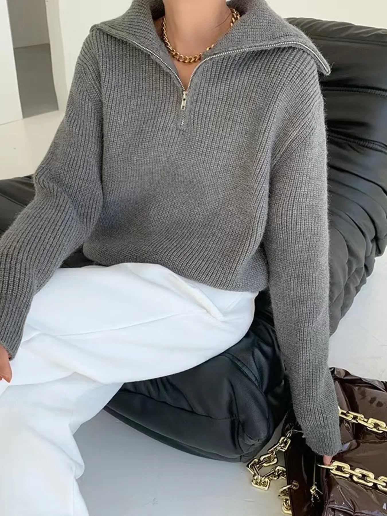 Half-Zip Long Sleeve Sweater Dark Gray OutfitFlow