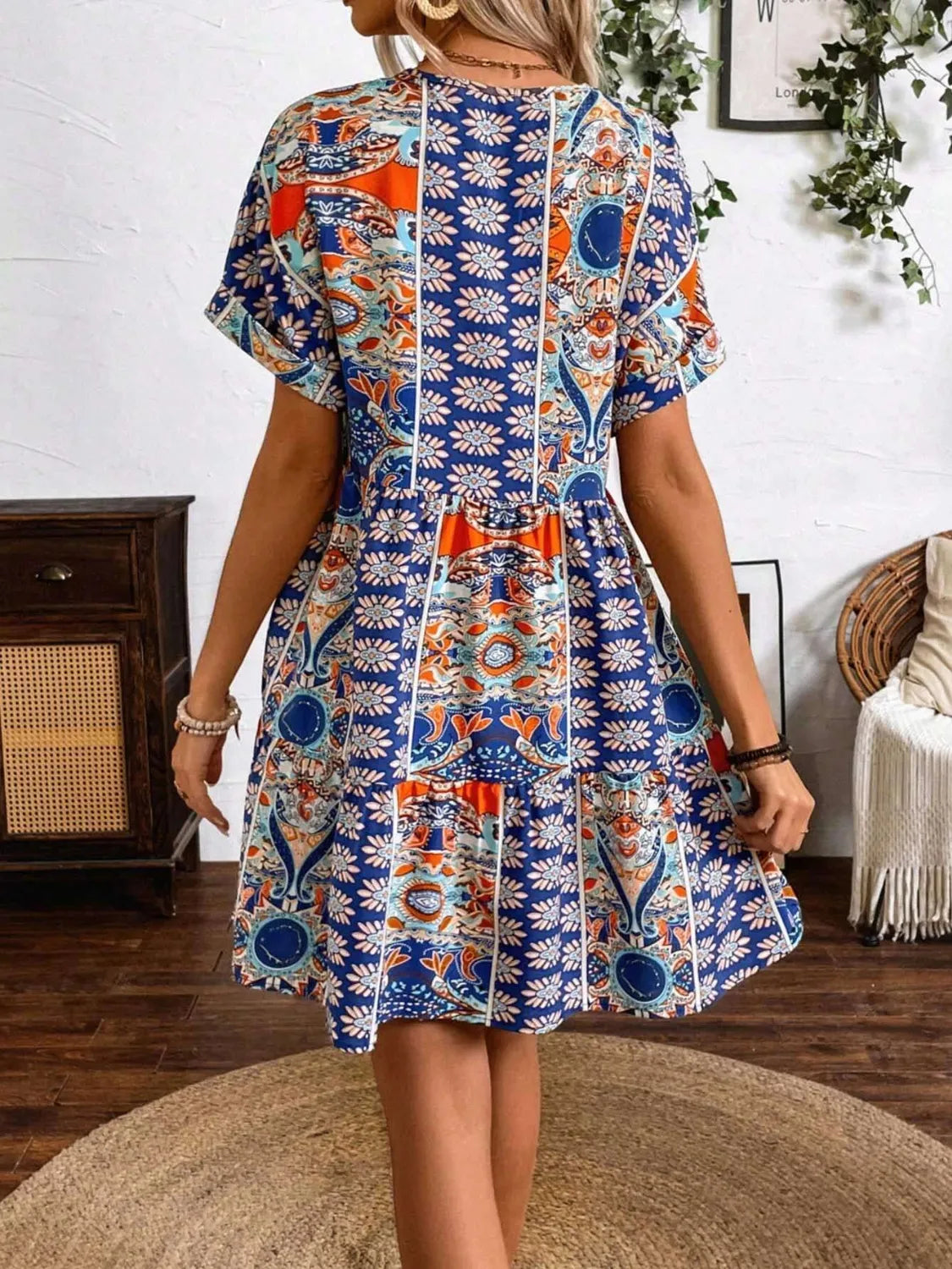 Printed V-Neck Short Sleeve Dress OutfitFlow