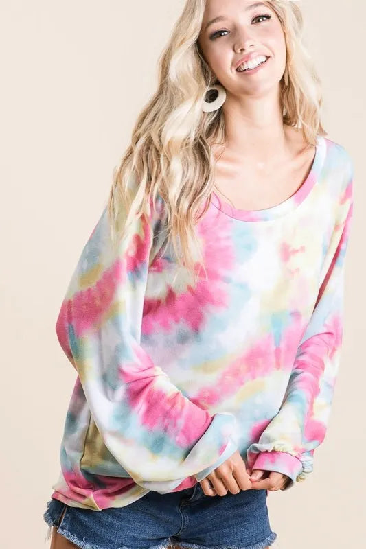 BiBi Tie Dye Print Terry Top With Puff Sleeves OutfitFlow