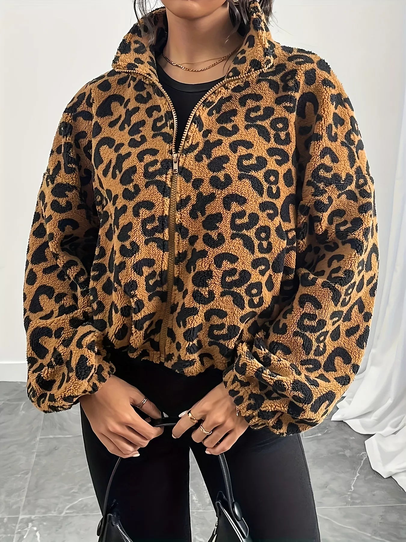 Leopard Fleece Zip-Up Jacket Khaki OutfitFlow