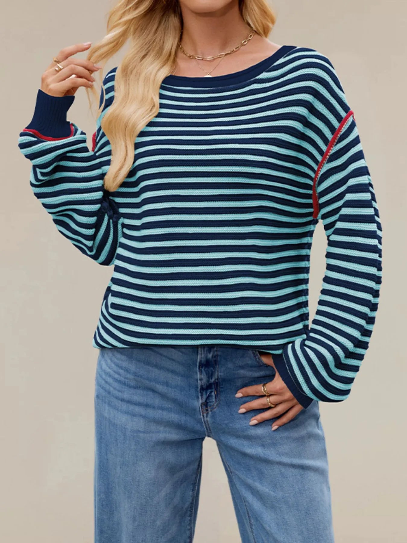 Slit Striped Oversized Sweater Navy Blue OutfitFlow
