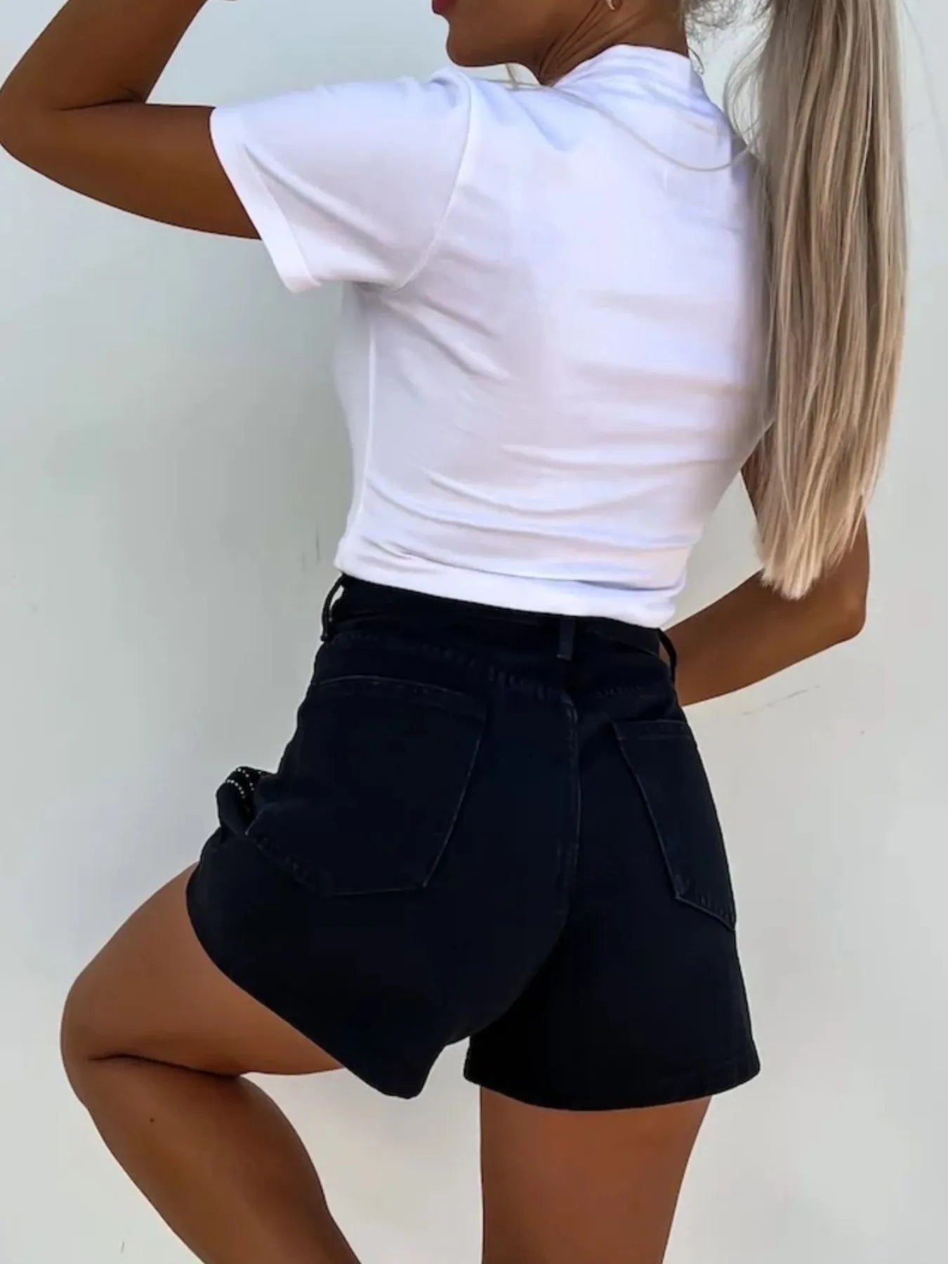 High Waist Wash Denim Shorts OutfitFlow