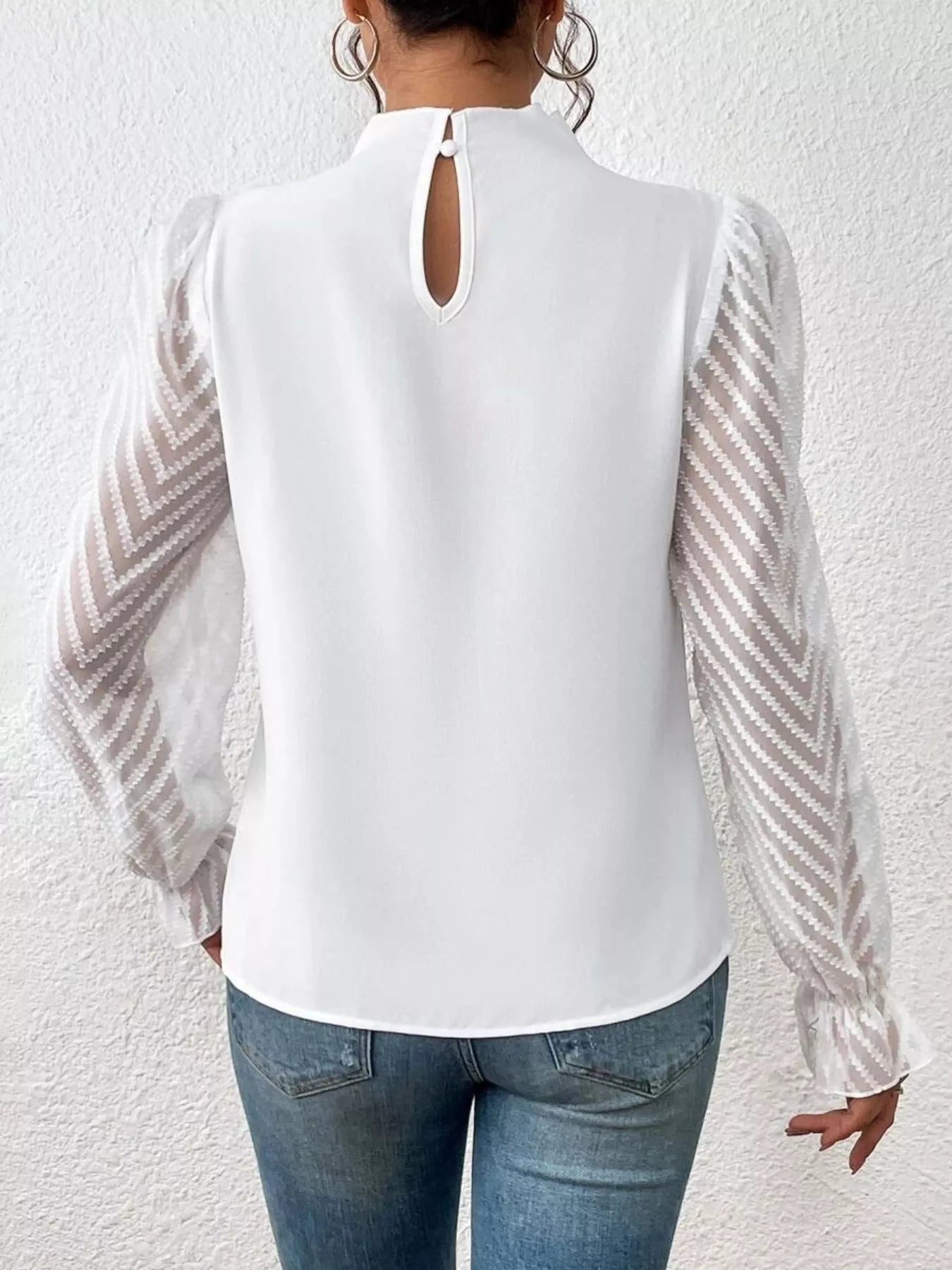 Mock Neck Sheer Lace Sleeve Blouse OutfitFlow