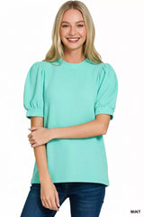 Zenana Raised Rib Puff Sleeve Top MINT OutfitFlow
