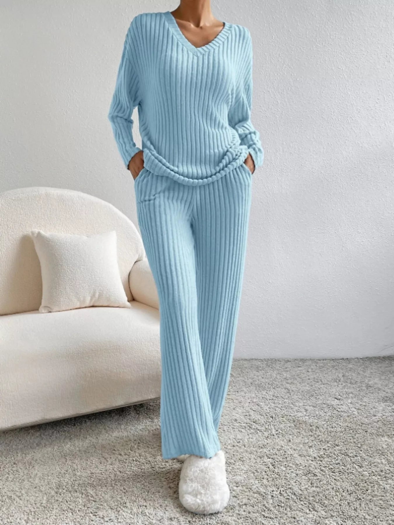 Ribbed Knit Long Sleeve Top and Pants Set OutfitFlow
