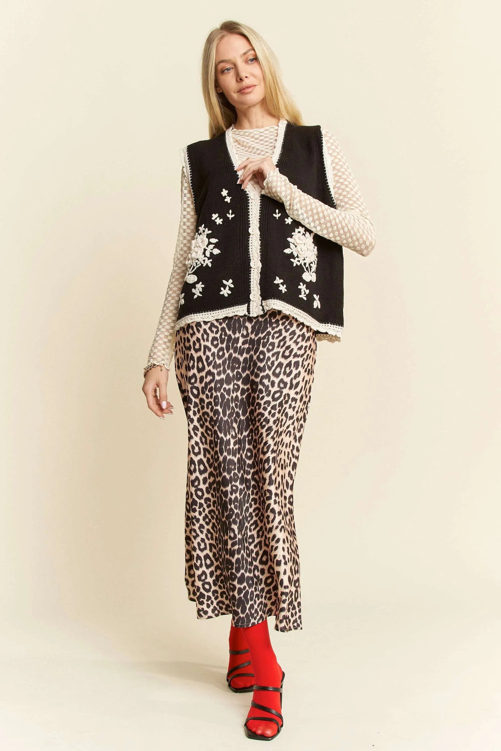 Davi & Dani Floral Embroidered Lace Sweater Knit Vest OutfitFlow