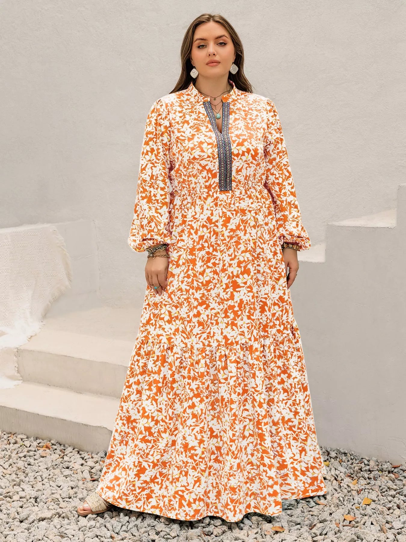 Plus Size Boho Floral Print Maxi Dress OutfitFlow
