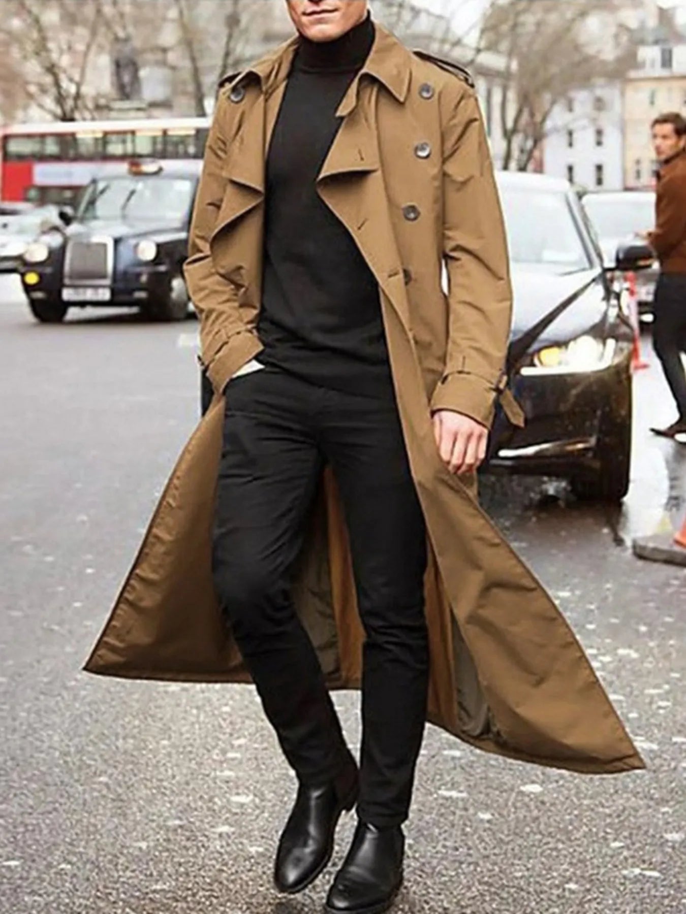 Men's Long Sleeve Longline Trench Coat Khaki OutfitFlow