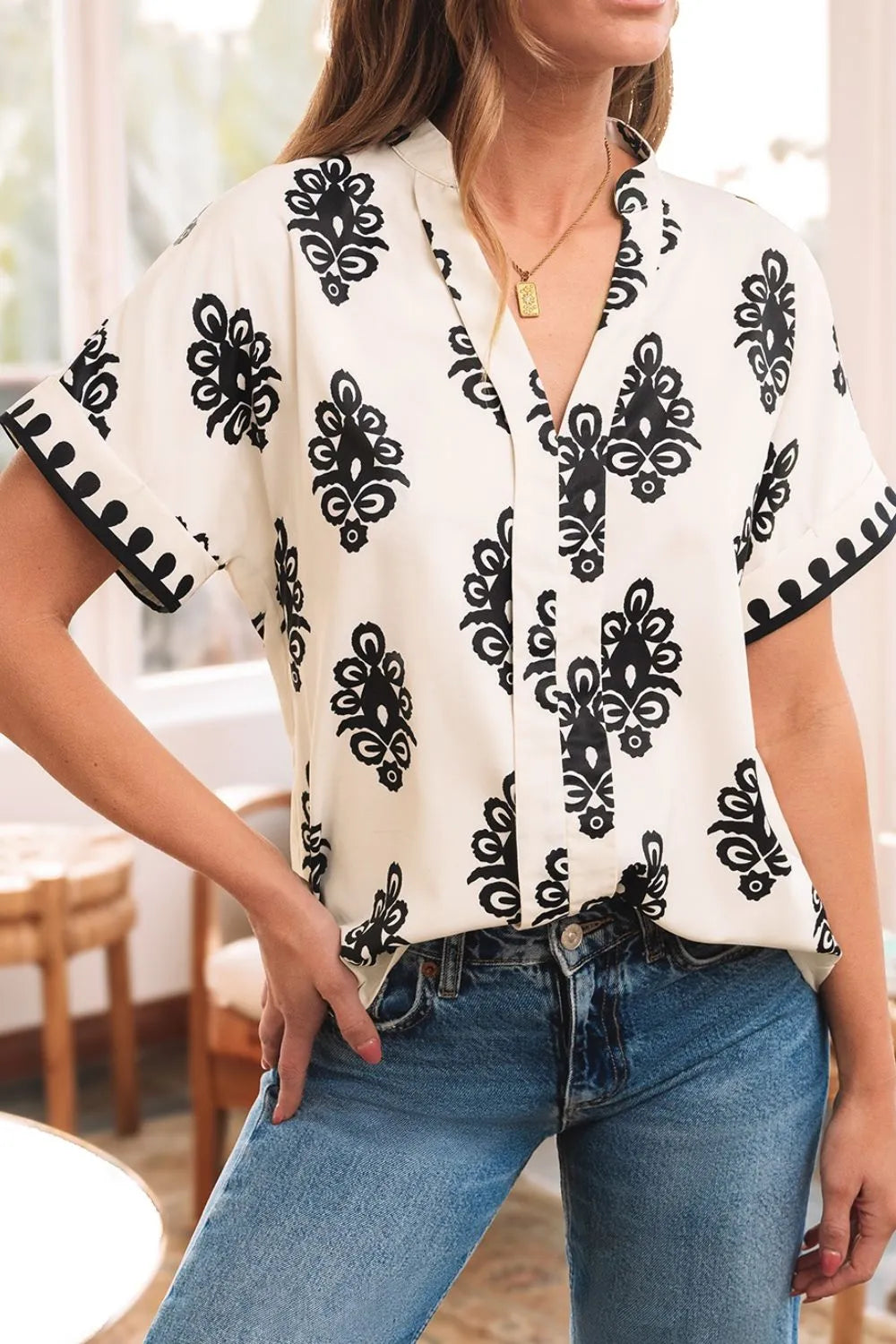 Printed Short Sleeve Loose Blouse OutfitFlow