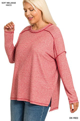 Zenana Full Size Melange Hacci Exposed Seam Hi-low Tee Plus Size OutfitFlow