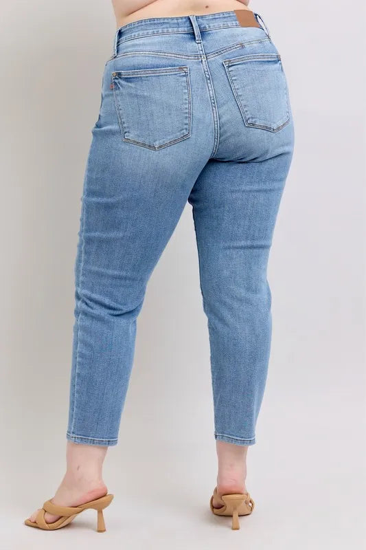 Judy Blue Full Size Mid Rise Vintage Wash Slim Jeans with Cell Phone Pocket Plus Size OutfitFlow