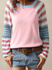 Color Block Round Neck Exposed Seam Patchwork Striped Long Sleeve Top Dusty Pink OutfitFlow