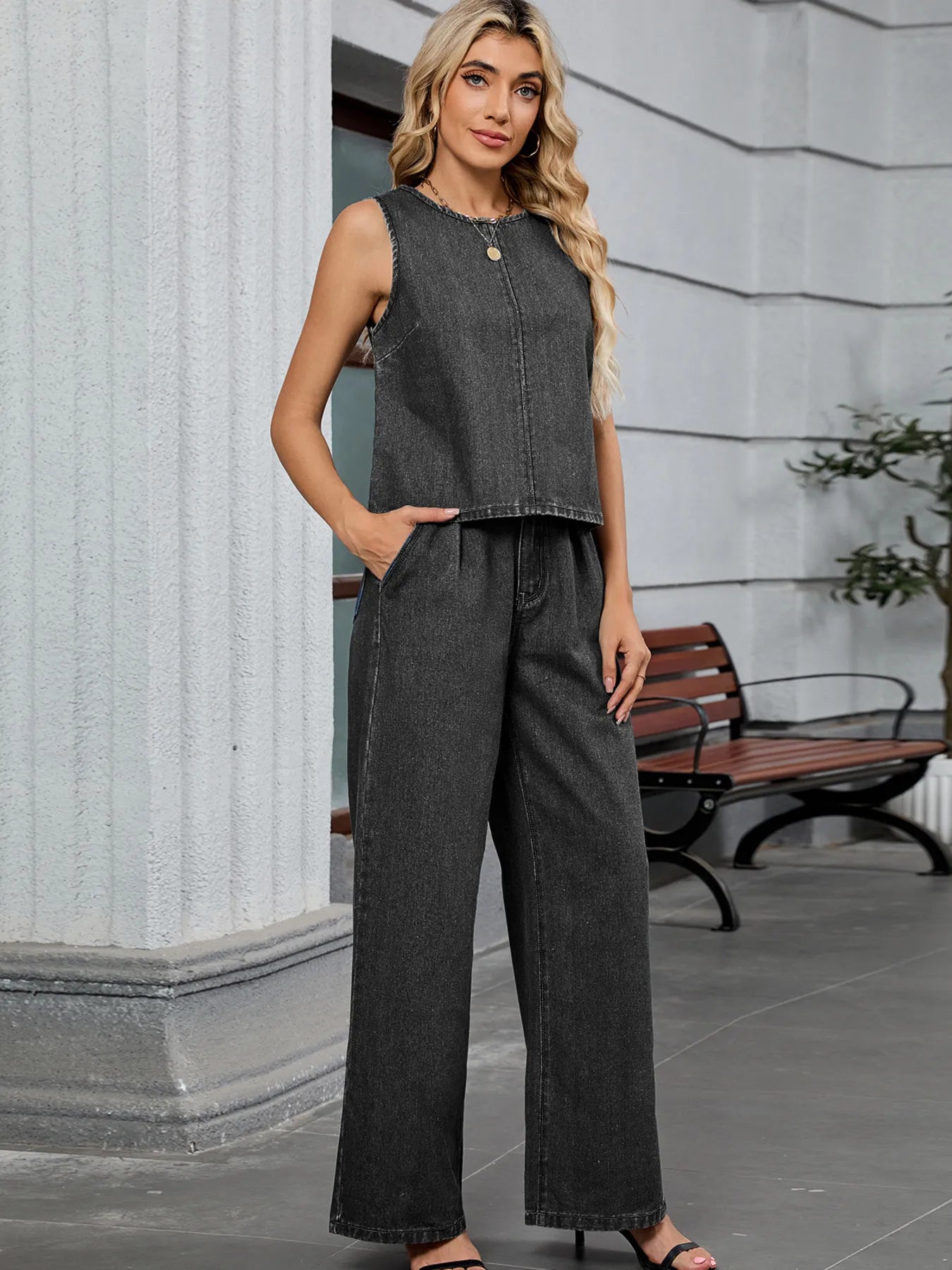 Round Neck Tank and Pants Denim Set OutfitFlow