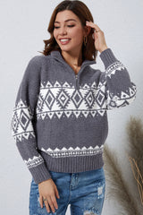 Zip-Up Geometrical Pattern Pullover Sweater Trendsi