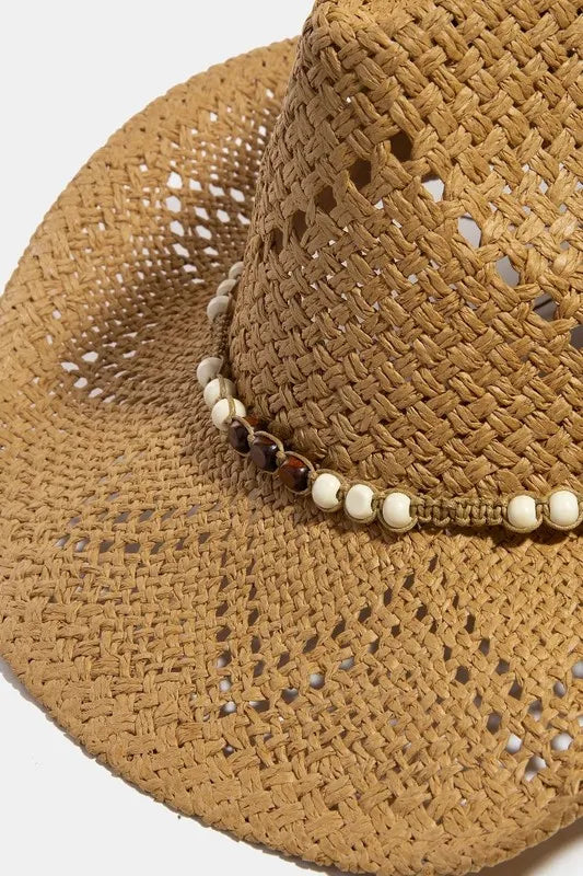 Fame Mixed Beaded Strap Western Fedora Straw Hat OutfitFlow