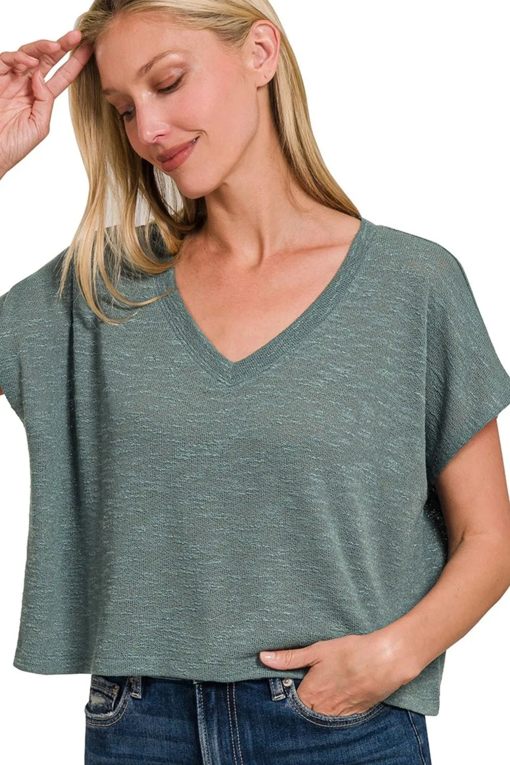 Zenana Hacci Slub V-neck Drop Shoulder Crop Top OutfitFlow