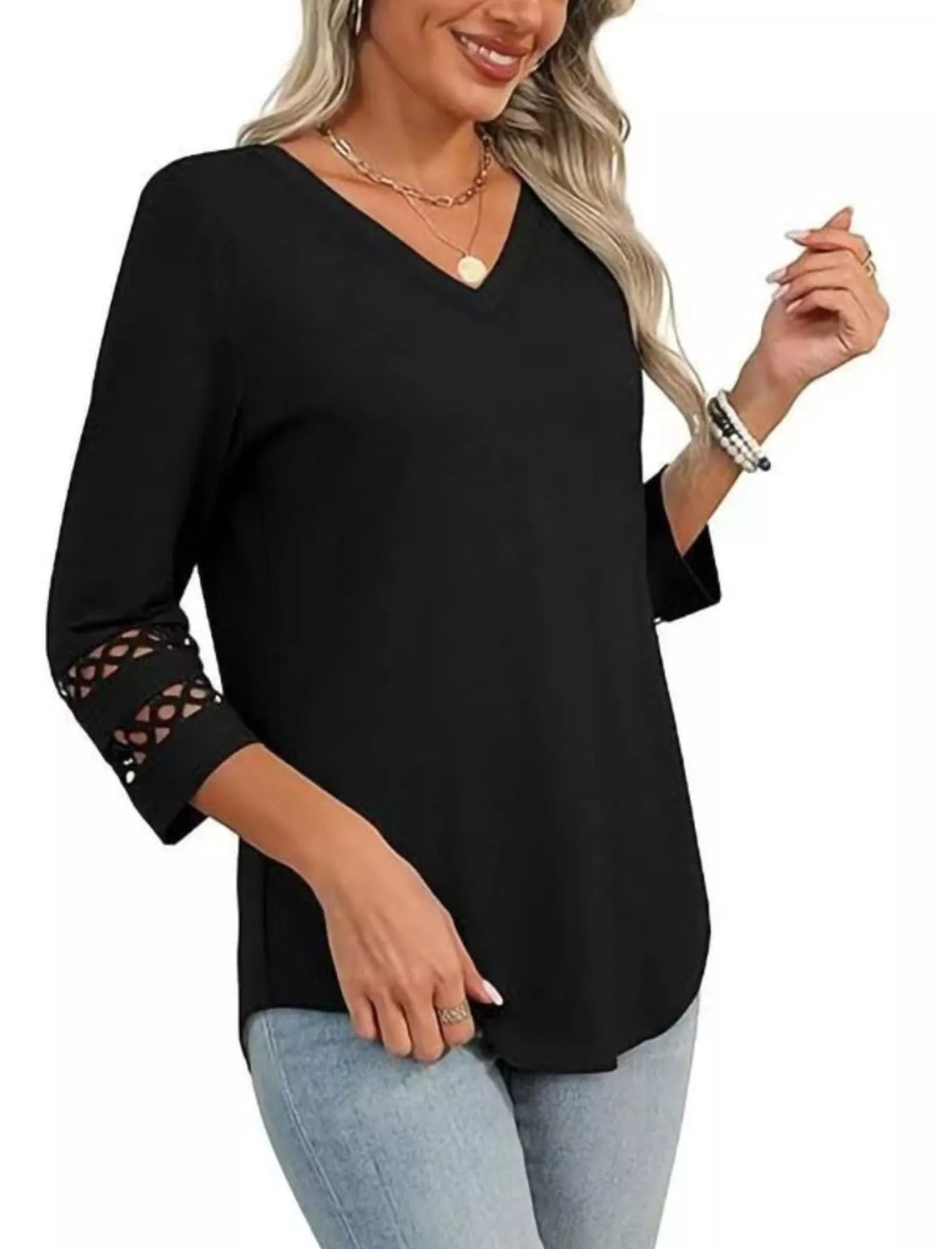 Full Size V-Neck 3/4 Sleeve T-Shirt Plus Size Black OutfitFlow