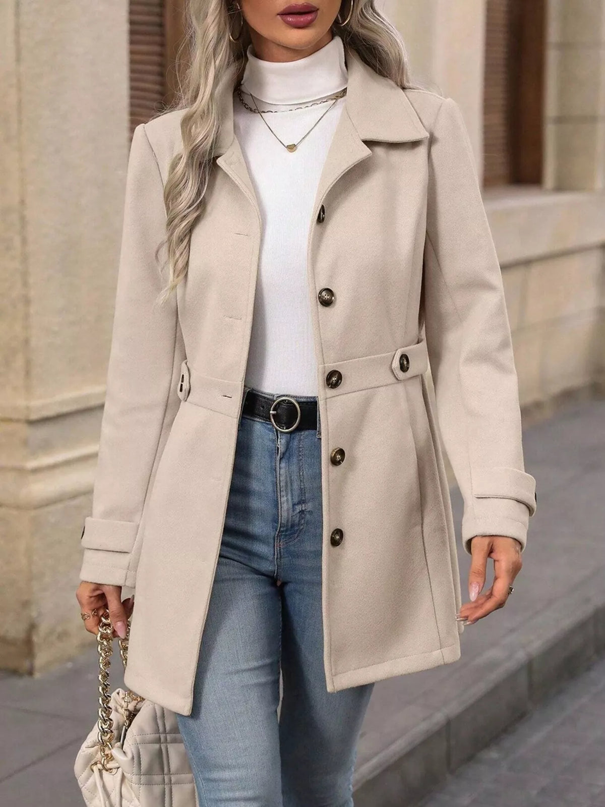 Button Up Long Sleeve Coat Apricot OutfitFlow