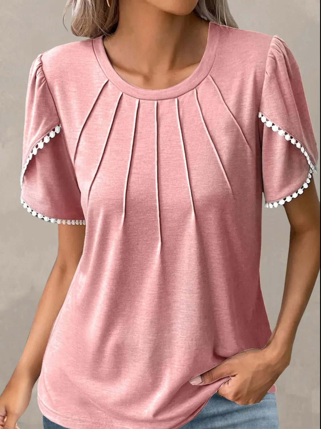 Full Size Round Neck Petal Sleeve Blouse Plus Size Dusty Pink OutfitFlow