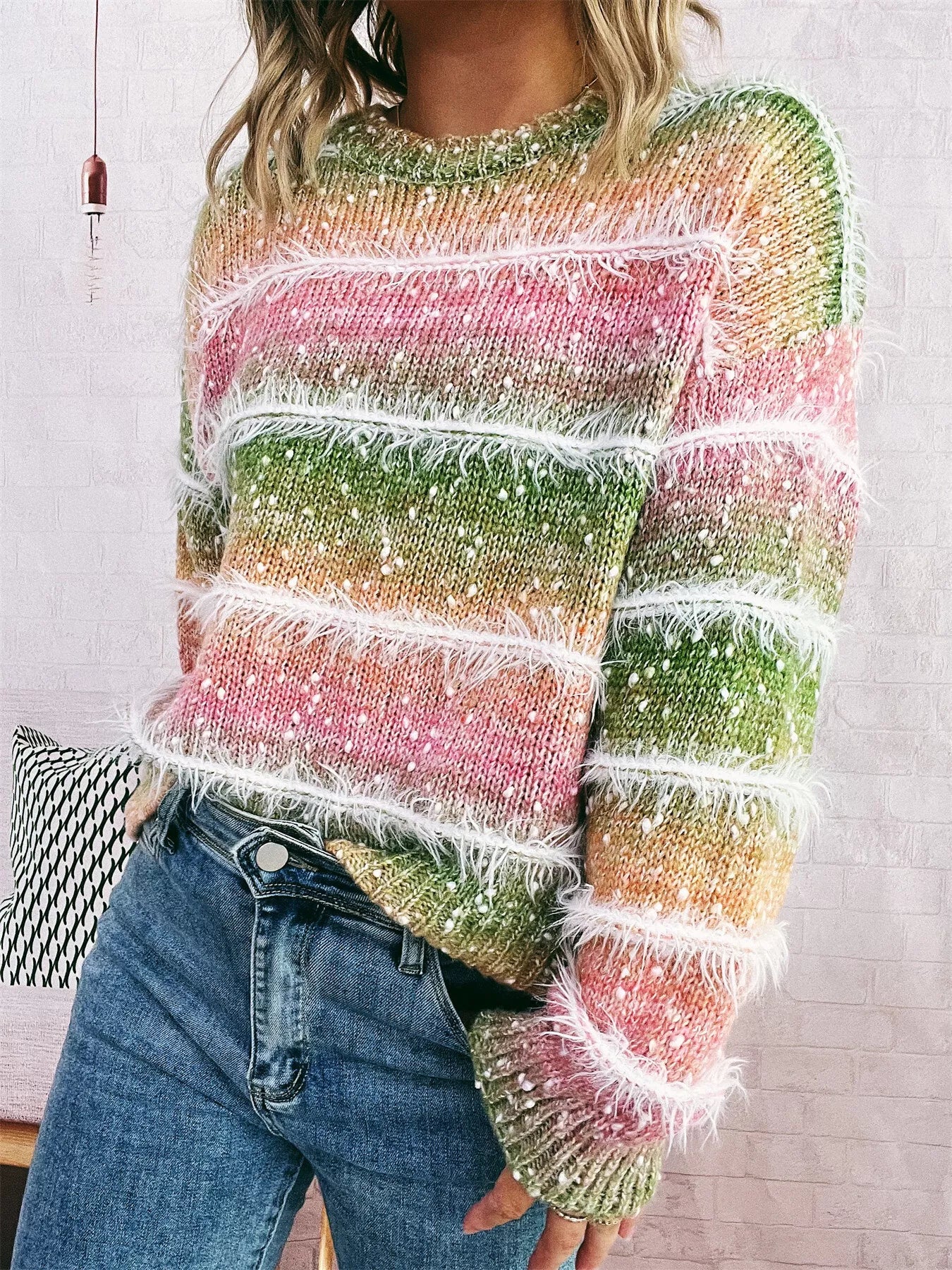 Gradient Striped Round Neck Sweater OutfitFlow