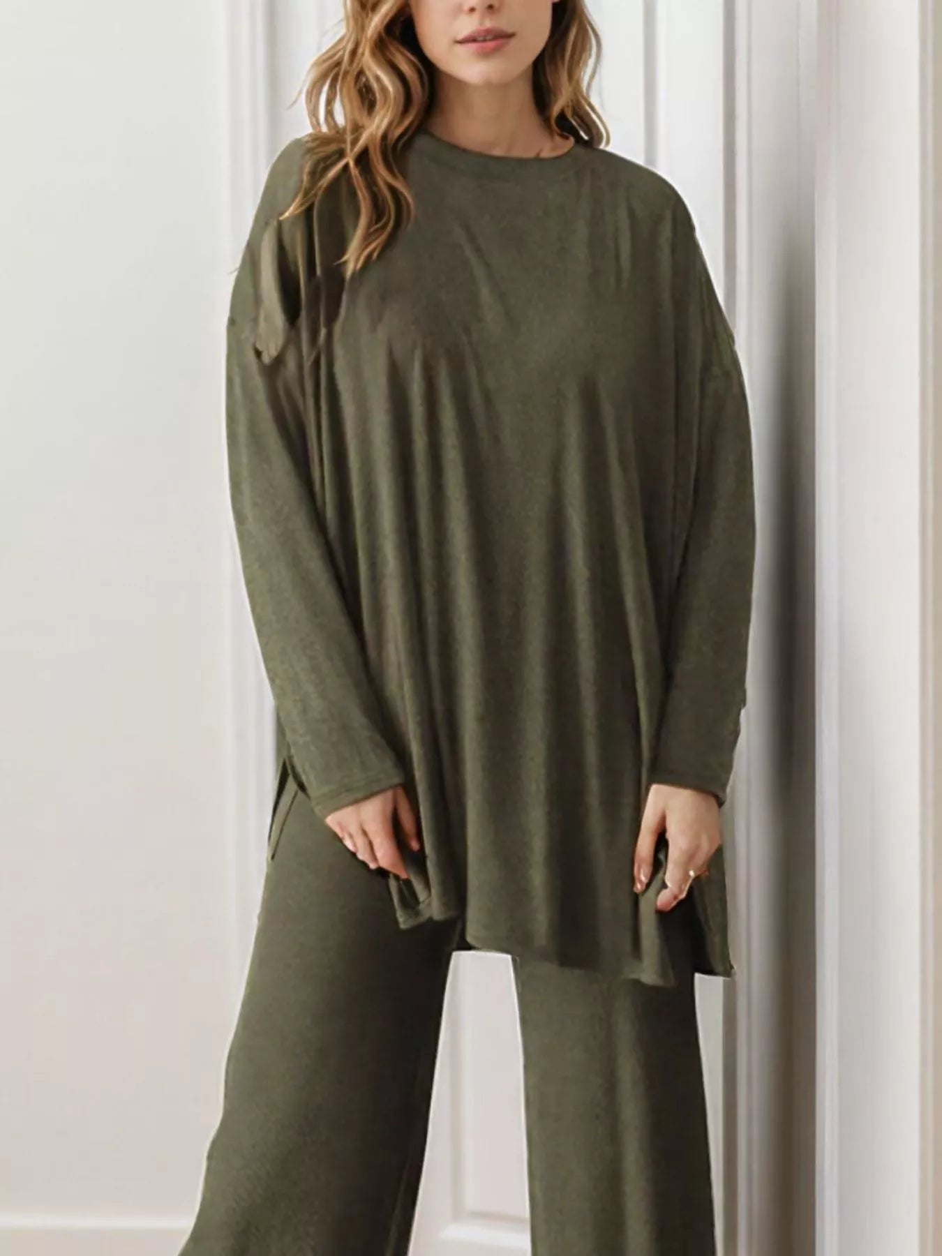 Casual Loose Long Sleeve Top and Wide Leg Pants Set Trendsi