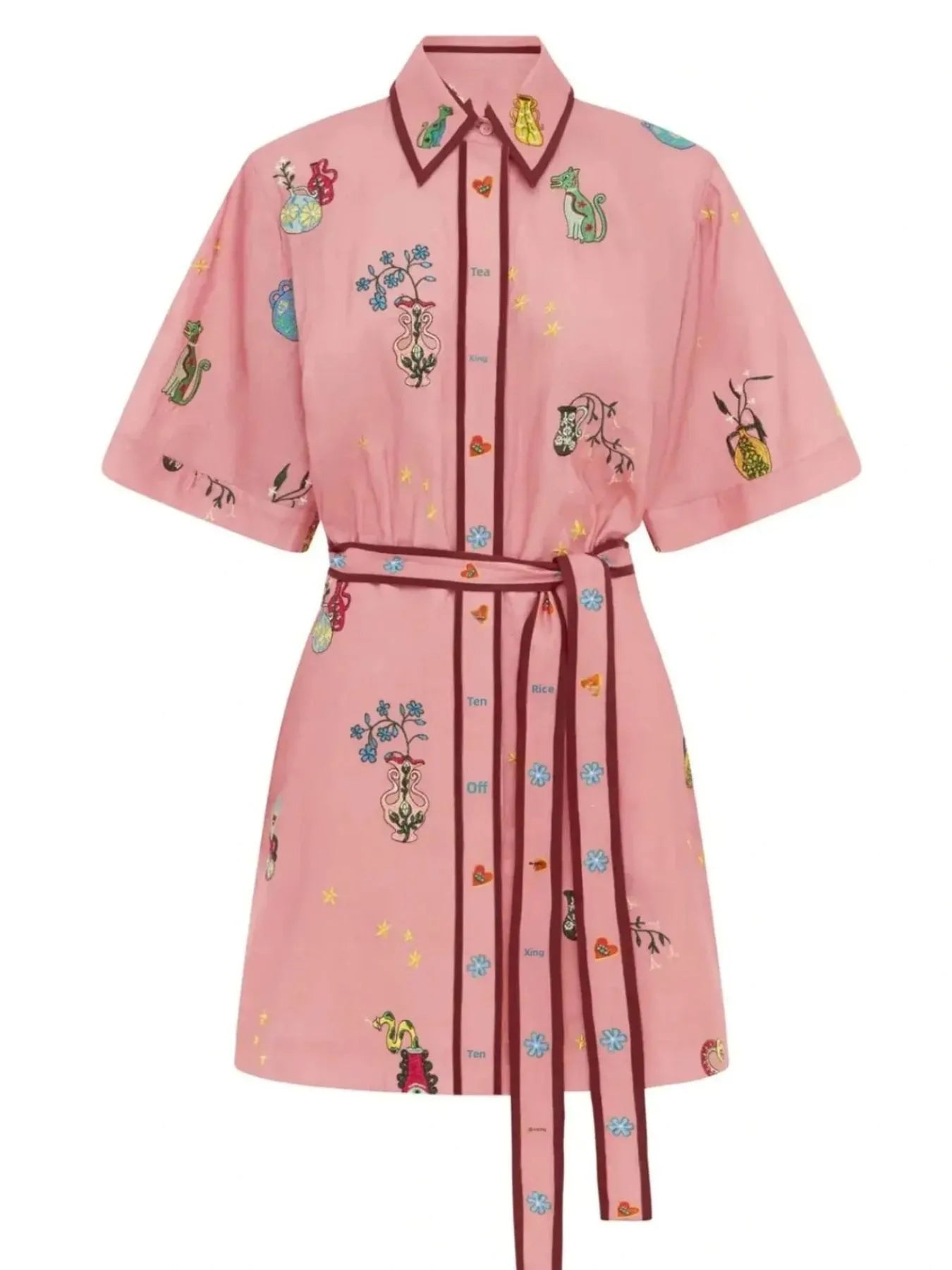 Printed Tie Waist Half Sleeve Shirt Dress OutfitFlow