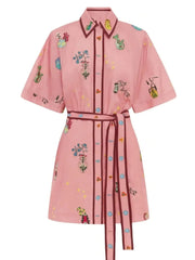 Printed Tie Waist Half Sleeve Shirt Dress OutfitFlow