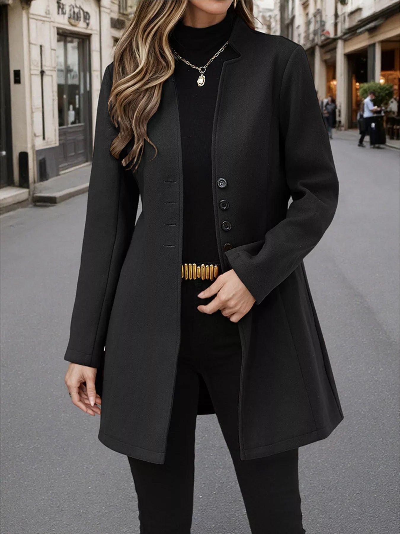 Button Up Long Sleeve Coat Black Trendsi