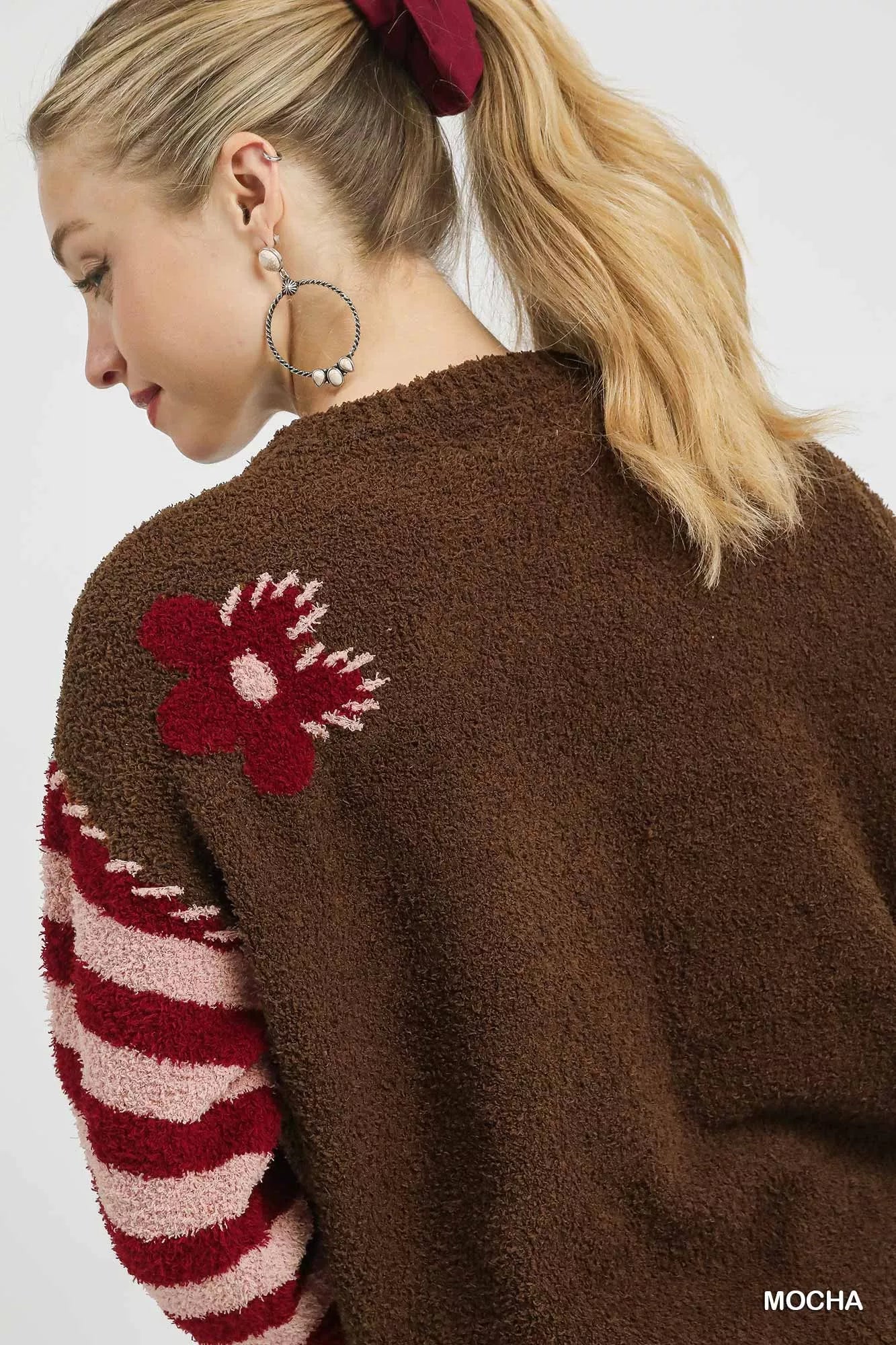 Umgee Flower Jacquard Striped Long Sleeve Sweater OutfitFlow