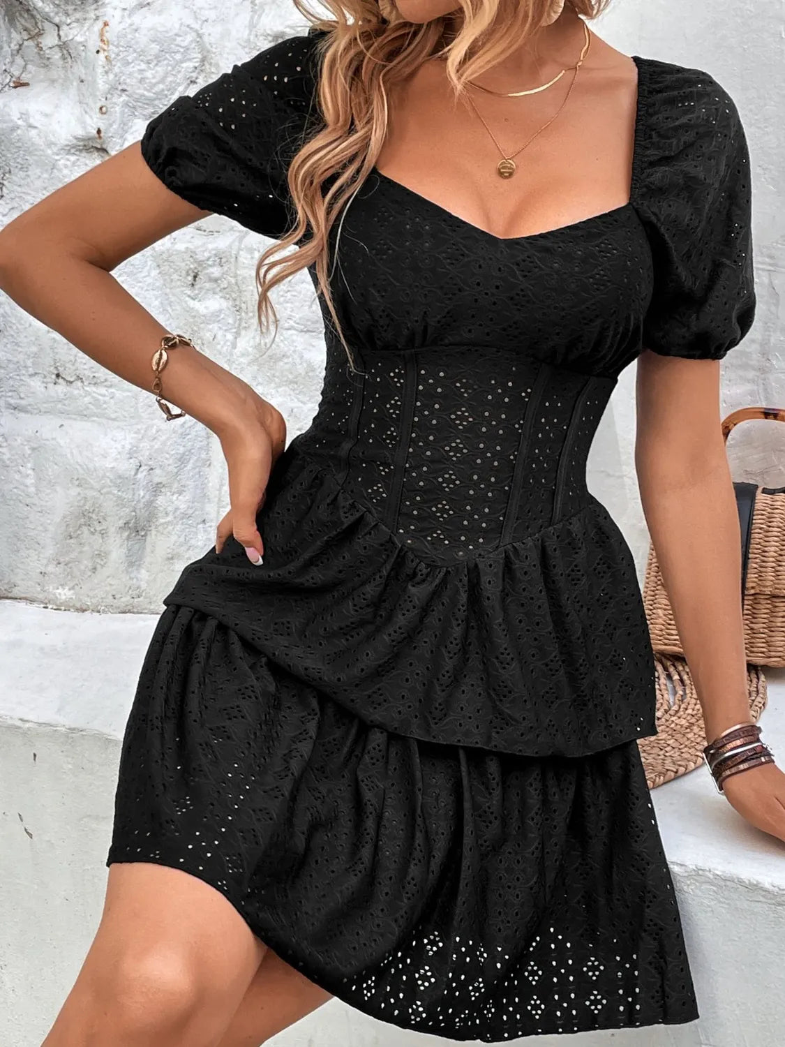 Layered Eyelet Short Sleeve Mini Dress OutfitFlow