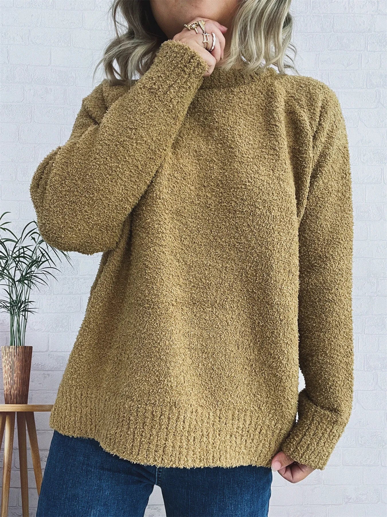 Round Neck Raglan Sleeve Sweater Khaki One Size OutfitFlow