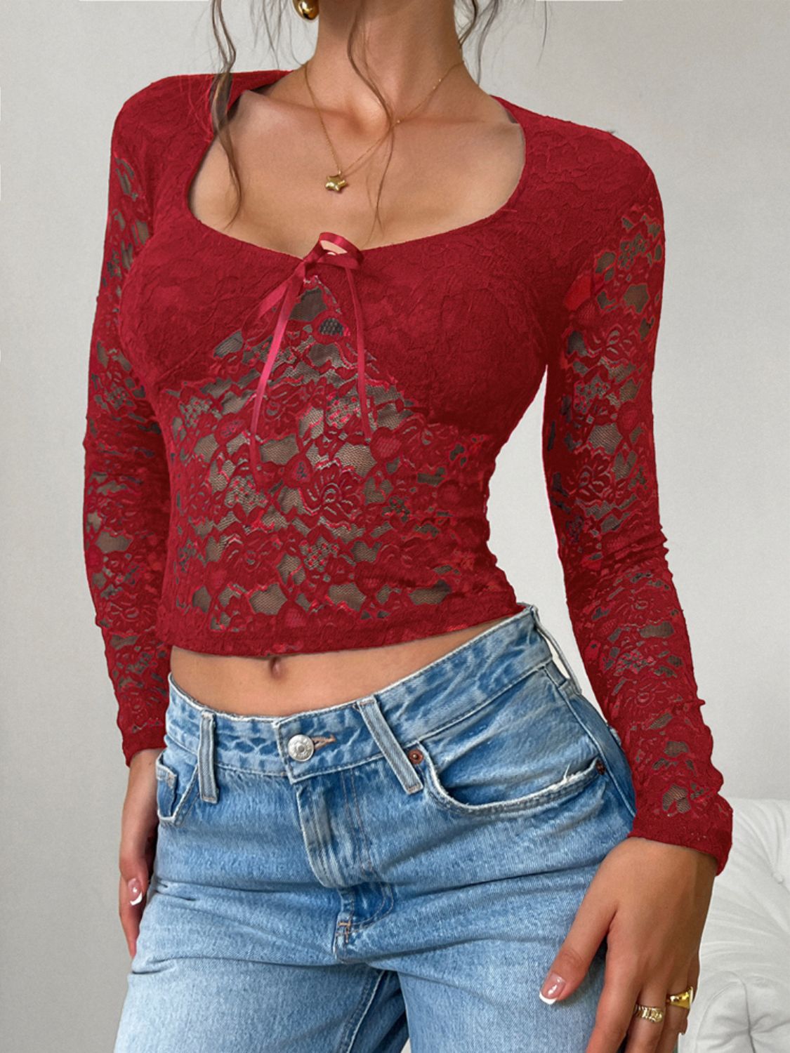 Outfit Flow - Devine Scoop Neck Long Sleeve Lace Top