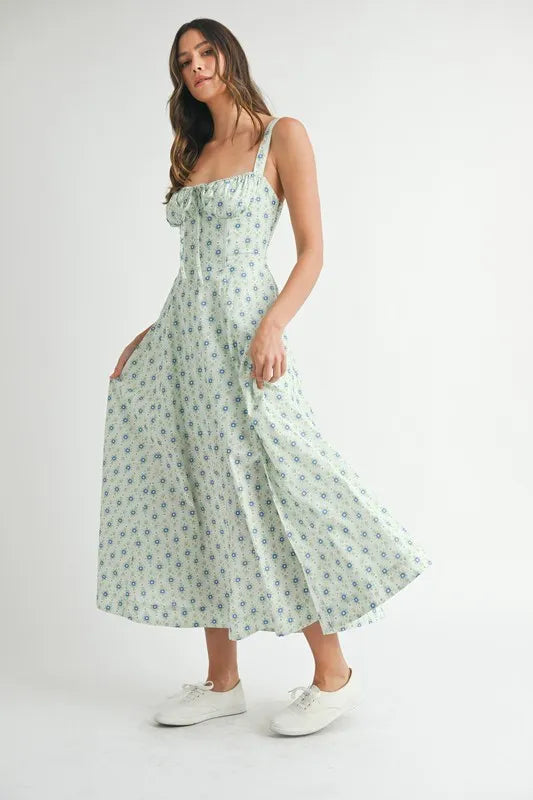MABLE Floral Print Bustier Back Lace Up Midi Dress OutfitFlow