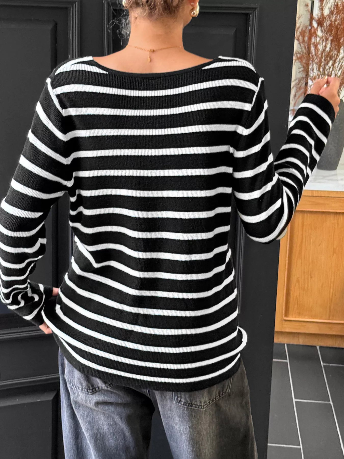Striped Cross Front Long Sleeve Knit Top OutfitFlow