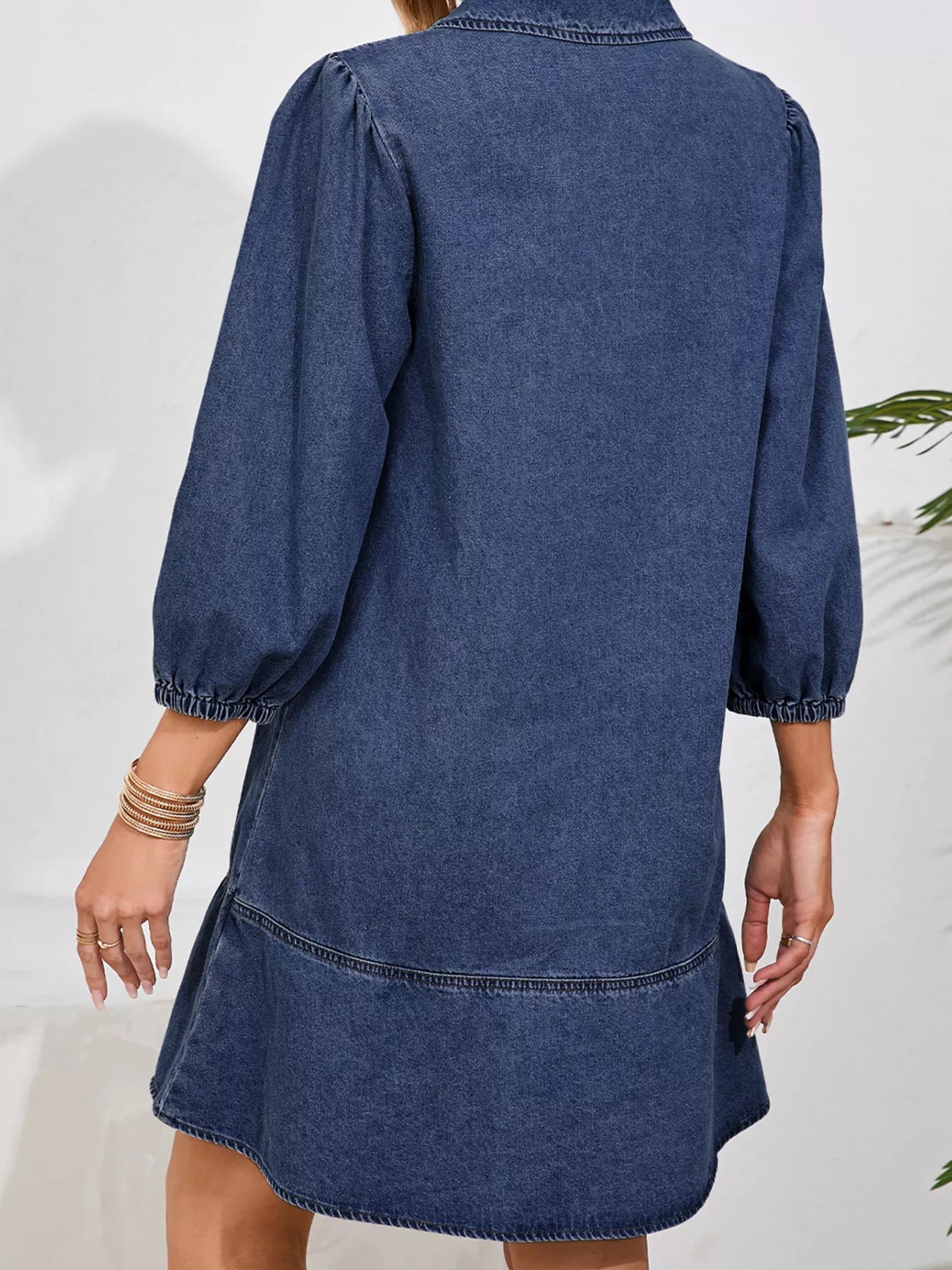 V Neck Collared Single Chest Pocket Long Sleeve Denim Dress OutfitFlow