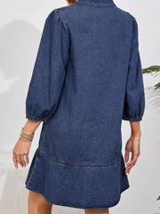 V Neck Collared Single Chest Pocket Long Sleeve Denim Dress OutfitFlow