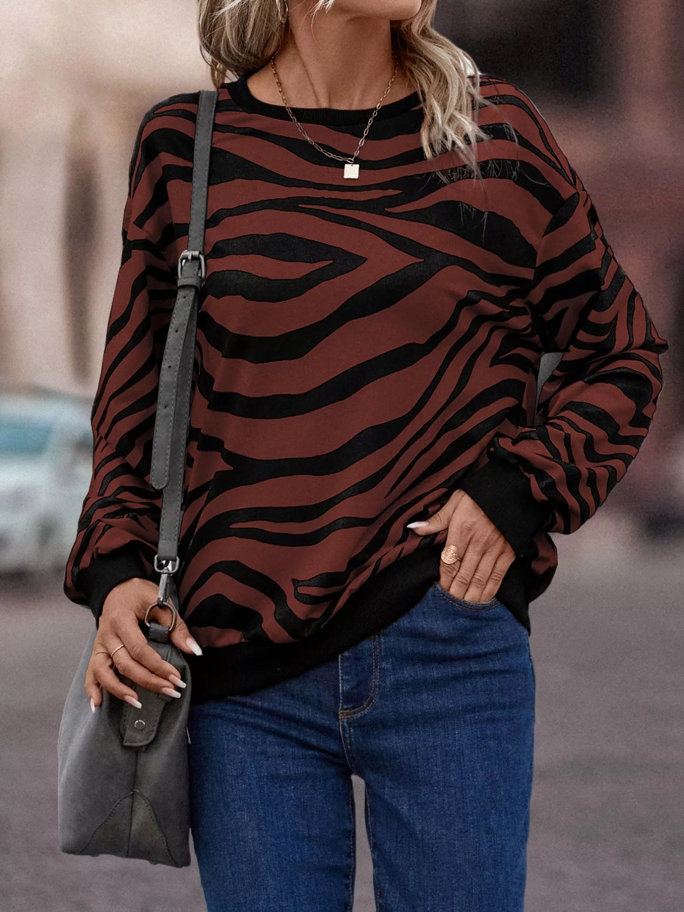 Zebra Print Round Neck Casual Sweatshirt OutfitFlow