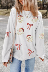 Full Size Corded Rib Sequin Santa Bow Patched Drop Shoulder Sweatshirt Plus Size OutfitFlow