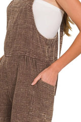 Zenana Washed Double Gauze Tie Back Rompers OutfitFlow