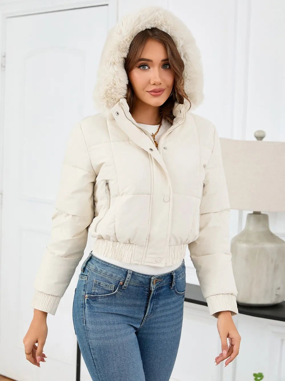 Pocketed Long Sleeve Cropped Hooded Winter Coat OutfitFlow