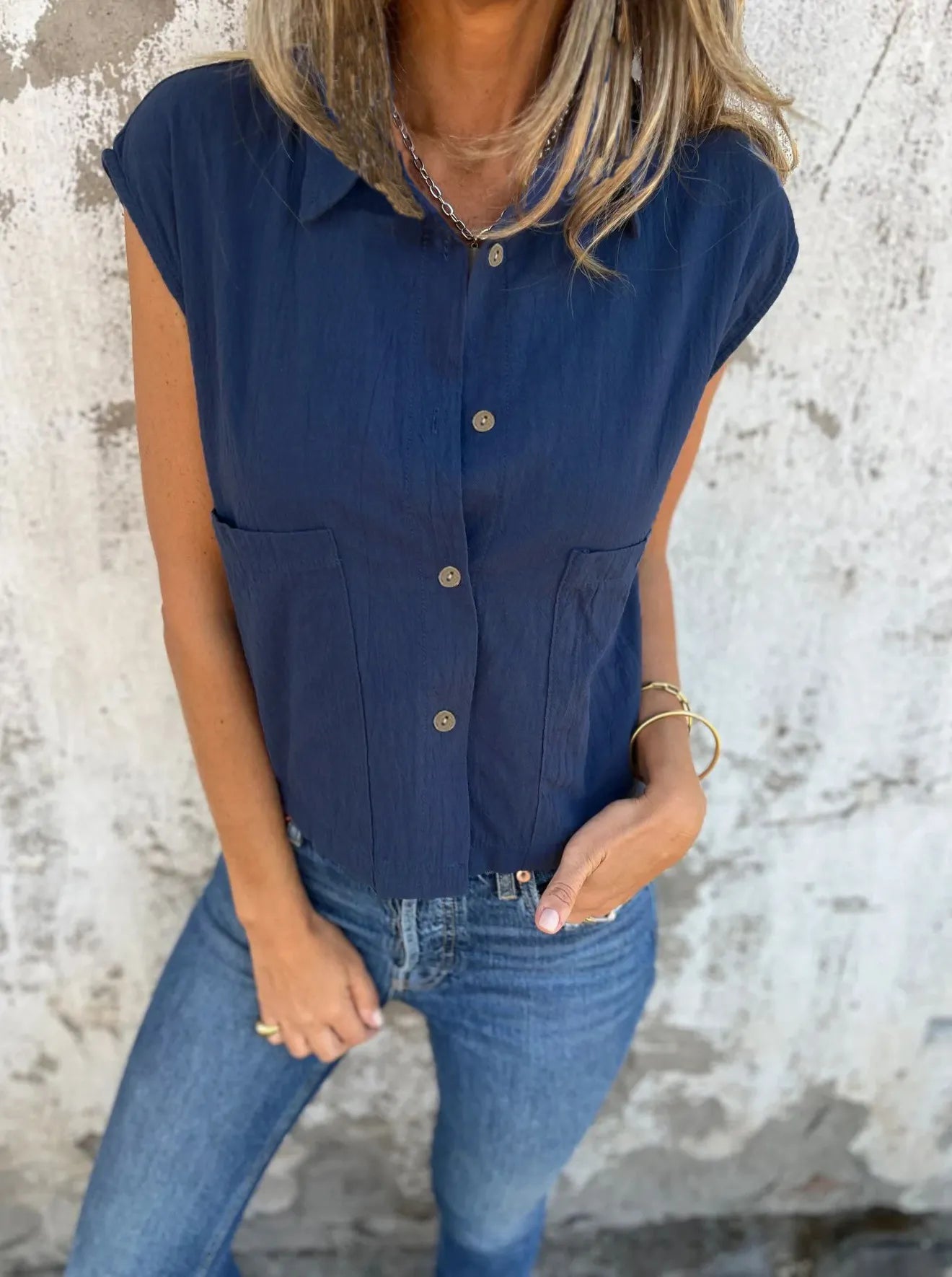 Full Size Button Down Cap Sleeve Linen Shirt Plus Size Navy Blue OutfitFlow