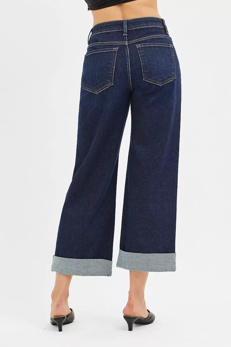 RISEN Mid Rise Fit Ankle Wide Roll Up Jeans OutfitFlow