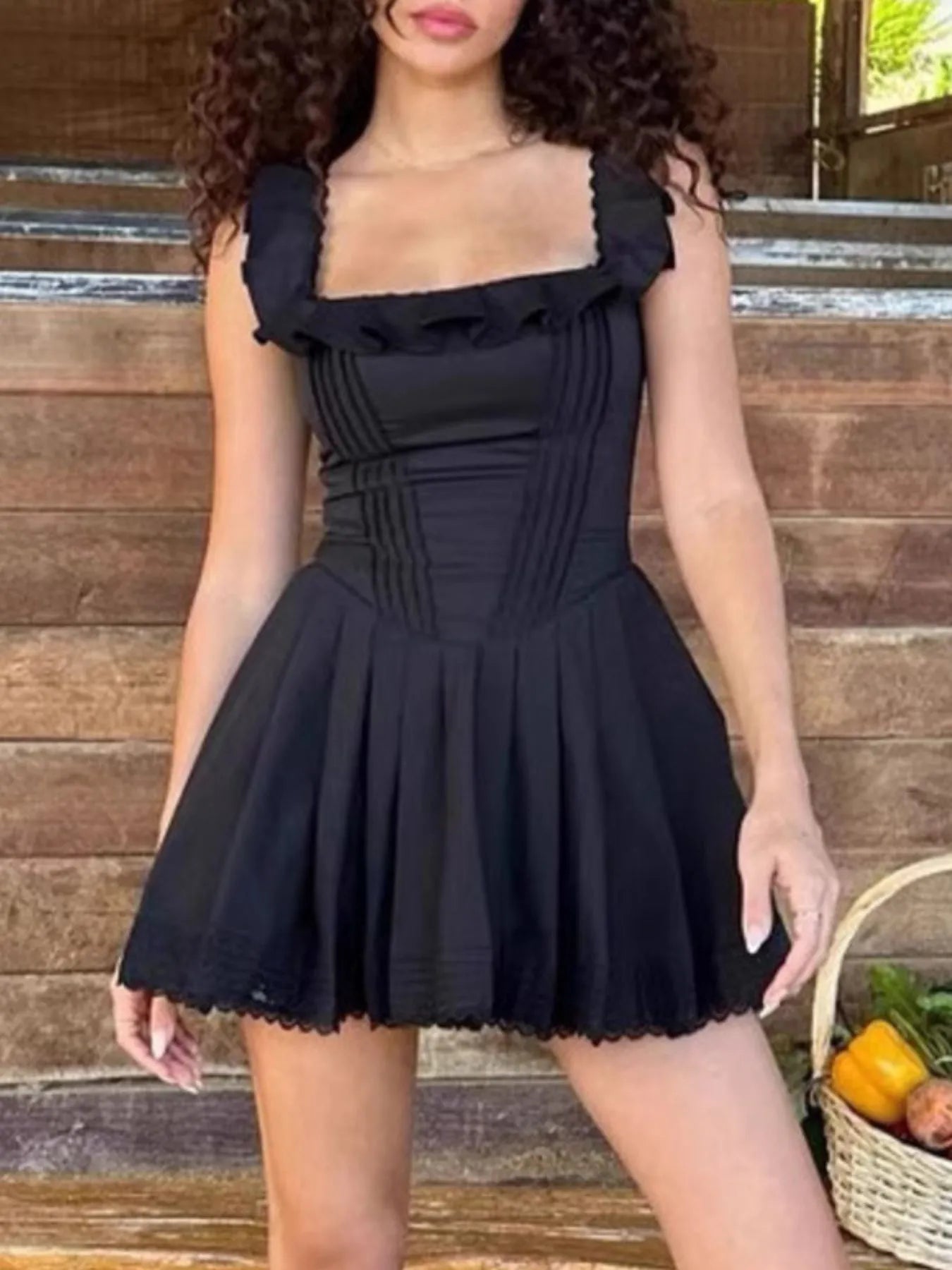 Square Neck Pleated Mini Dress OutfitFlow