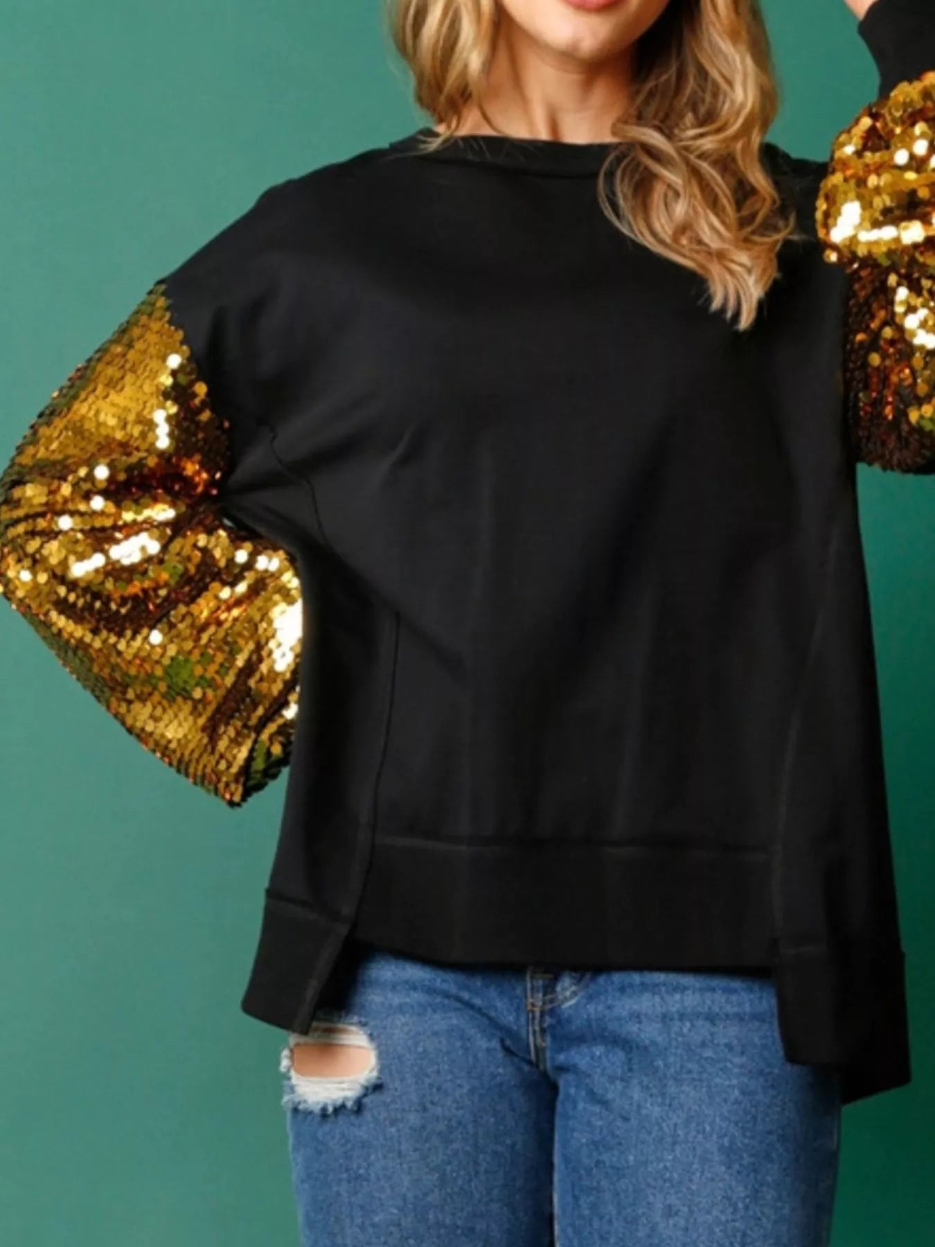 Sequin Long Sleeve Round Neck Sweatshirt OutfitFlow