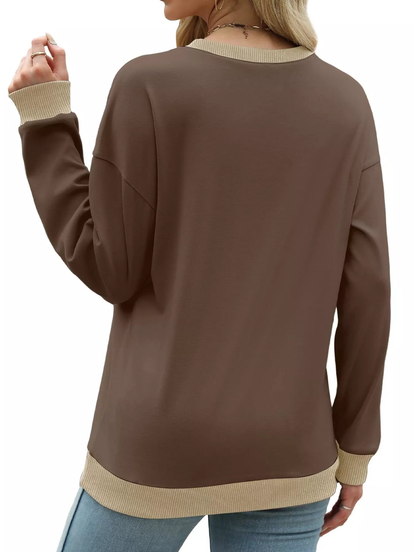 Contrast Trim Crew Neck Casual Sweatshirt OutfitFlow