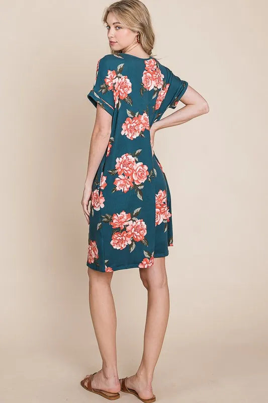 BOMBOM Floral Round Neck Short Tee Dress with Pockets OutfitFlow