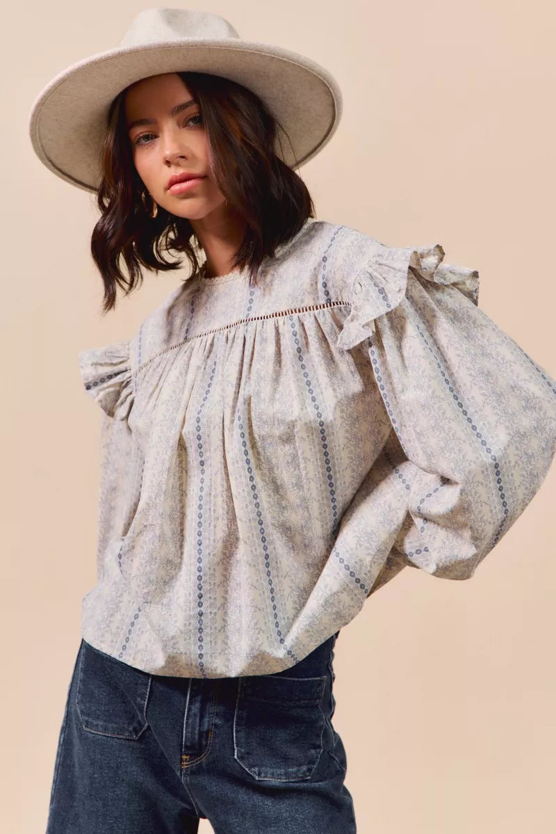 SO ME Floral Cotton Print Ruffled Long Sleeve Blouse OutfitFlow