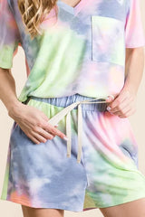 BiBi Tie Dye Casual Shorts with Twill Tape Drawstring BLUE N.YELLOW OutfitFlow