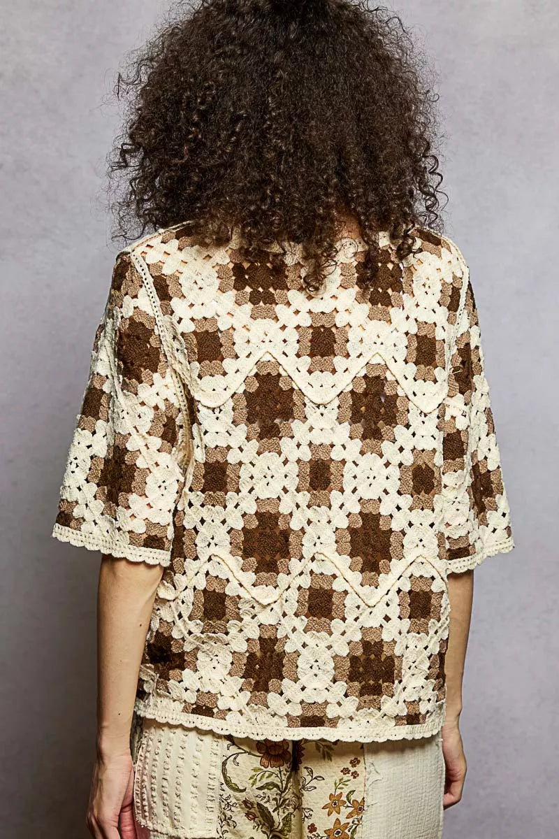 POL Round Neck Short Sleeve Color Pattern Crochet Top with Border Accents OutfitFlow